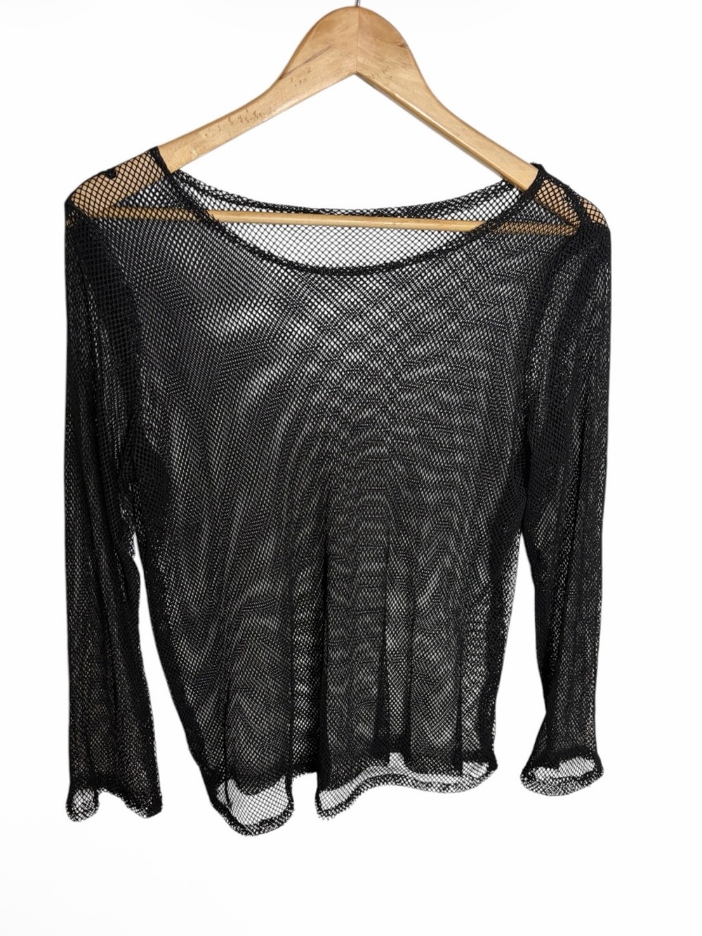 Black fishnet mesh long sleeve sheer blouse fits like size M